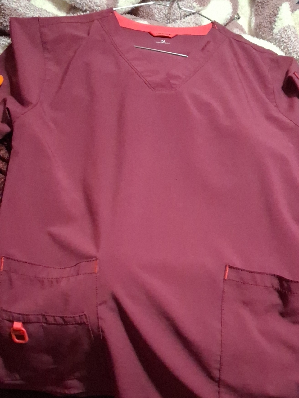 Carhartt Women's V-Neck Tunic Top in Burgundy with Coral Trim
